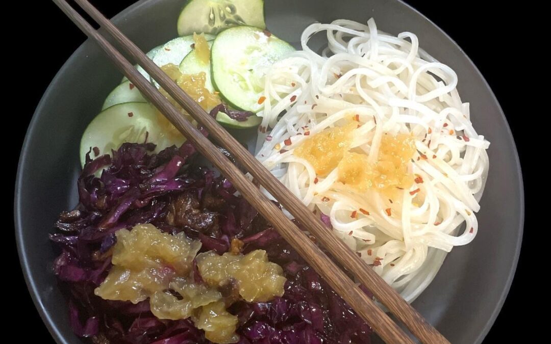 Thai Noodles with Caramelized Red Cabbage and Cucumber Salad