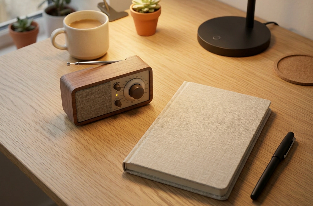 Open planner on wooden desk with October tasks and urgent to-dos, coffee cup, plants, and pen